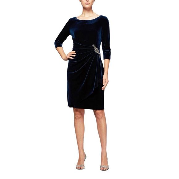 ALEX EVENINGS Velvet Cocktail Dress With side‎ Ruching & Embellishment Size 16 - Picture 1 of 14